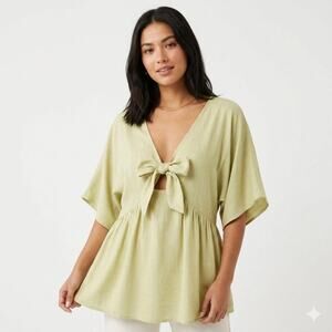 Asos Womens Tunic Top 8 Green Rayon Kimono Sleeve Tie Front Babydoll Boho Blouse
